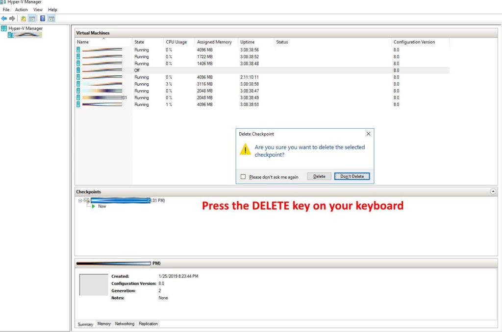 hyperv checkpoint delete option missing-delete key