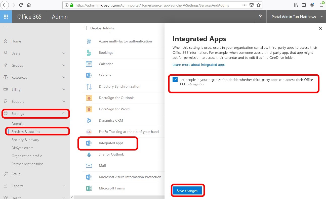 Office365 Admin Settings Services and Addins Integrated Apps Let people in your organization third party apps information