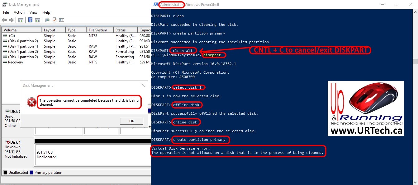 stop clean all diskpart command operation is not allows on a disk that is in the process of being cleaned