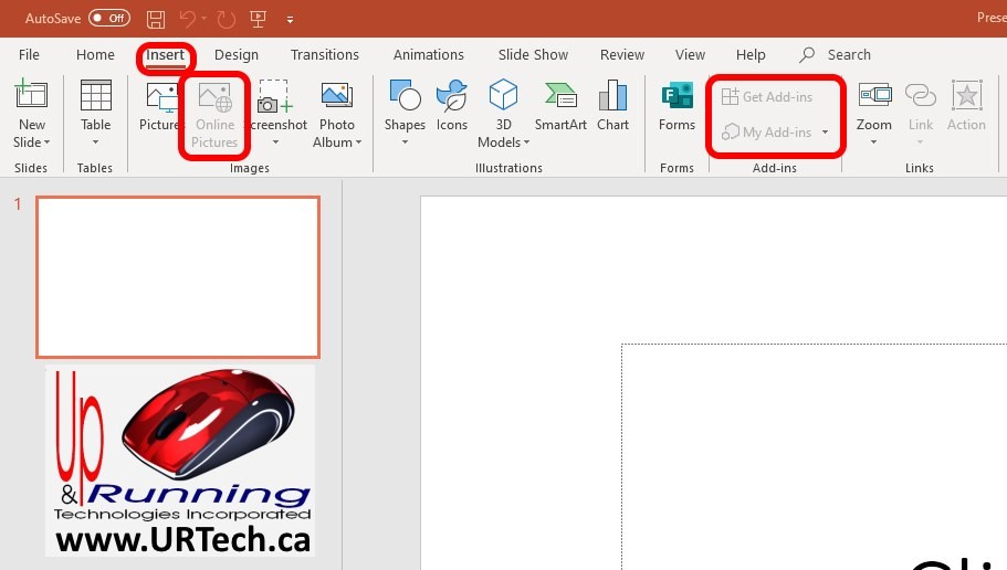 Office 365 PowerPoint Insert Online Pictures Get Add-Ins and My Add-Ins greyed out