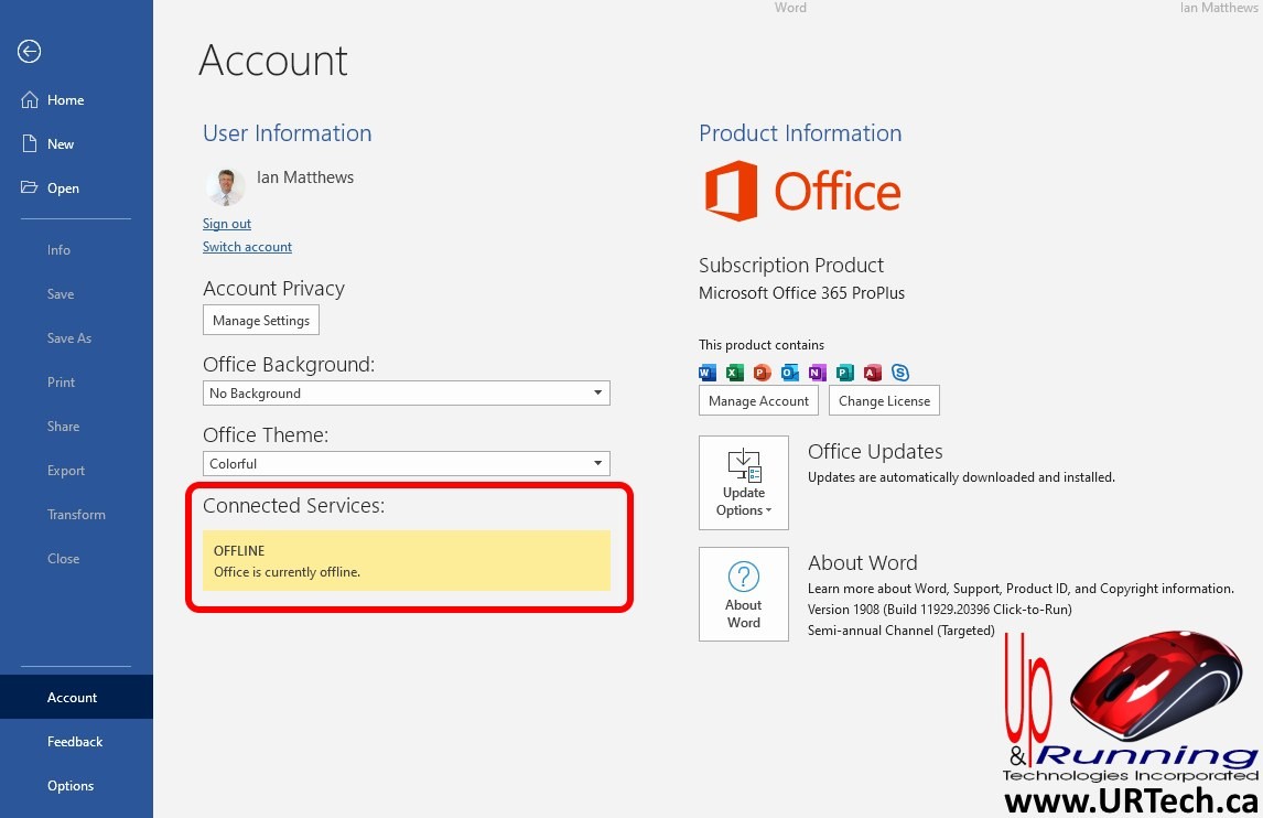 Office 365 Word Excel PowerPoint Outlook Connected Services Offline Office is Currently Offline