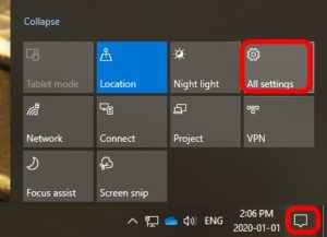 action panel notification area settings link