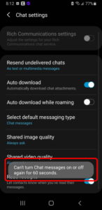 rcs cant turn chat messages on or off again for 60 seconds
