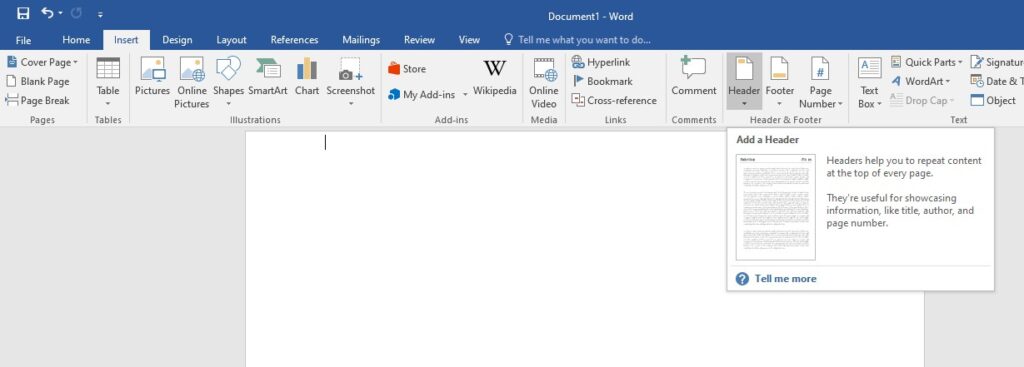 add a header or footer in ms word