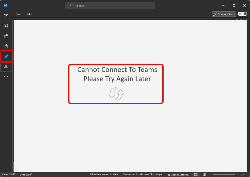 outlook todo cannot connect to teams try again later