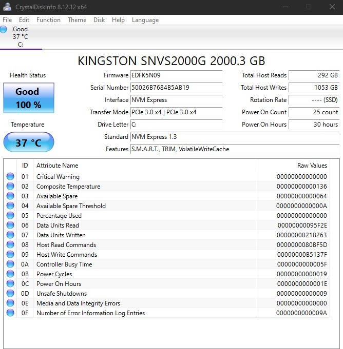 Kingston NV1 Drive Health - CrystalDiskInfo