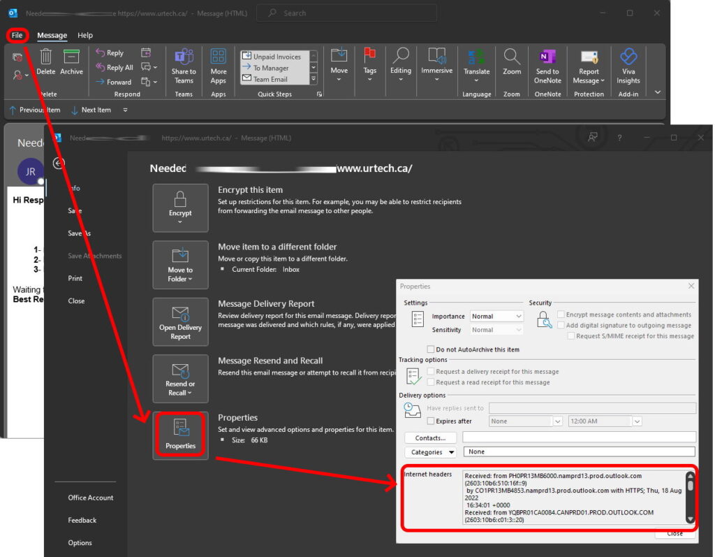 how to see the mail header in an outlook email