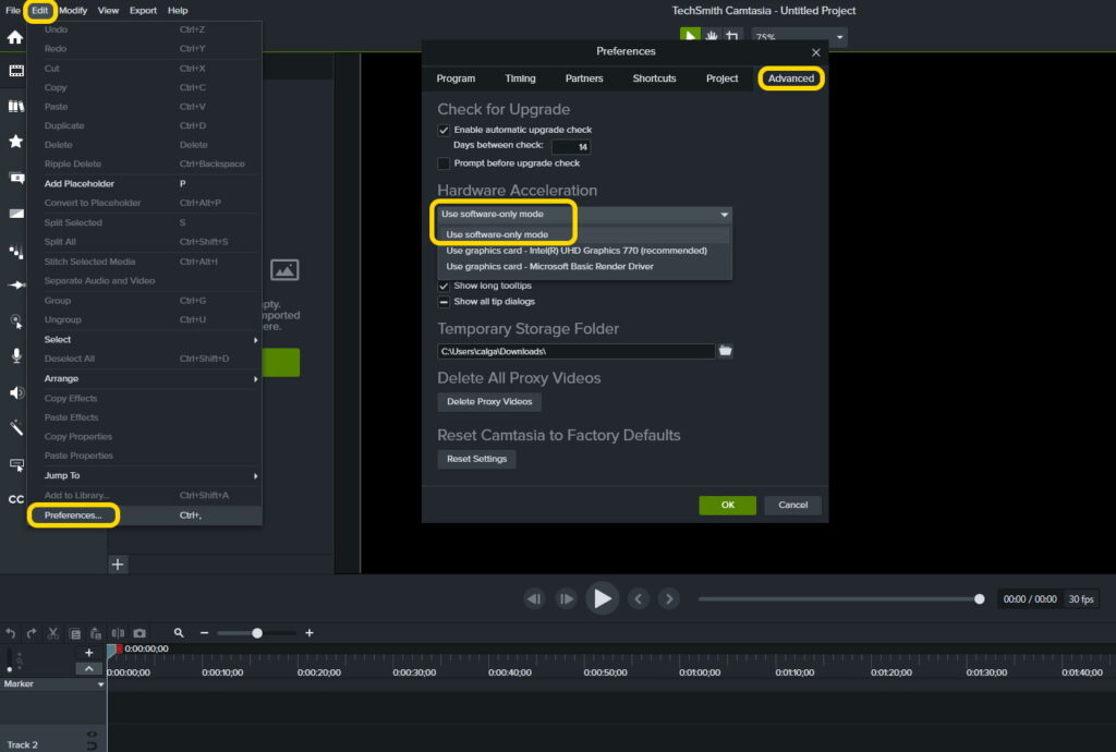 fix camtasia crashes - disable hardware acceleration