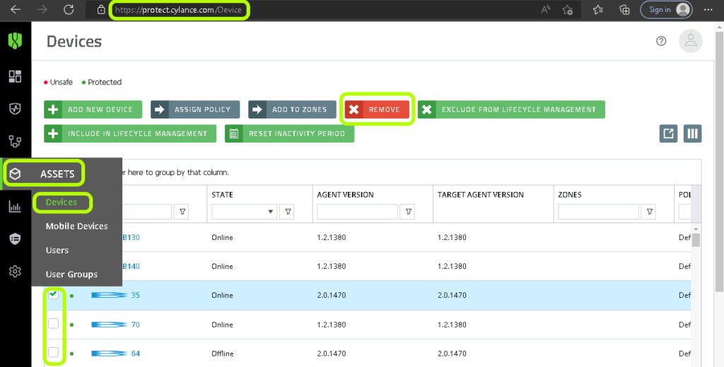 how to remove CylancePROTECT From Clients using the Cylance Management Console