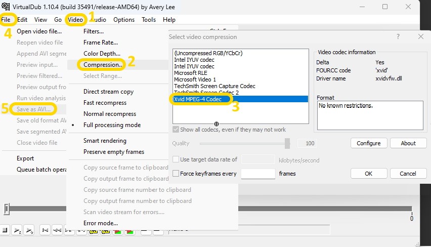 how to use virtualdub to change codec mp4 compression