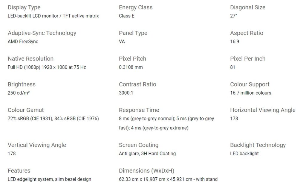 Dell SE2722H specifications