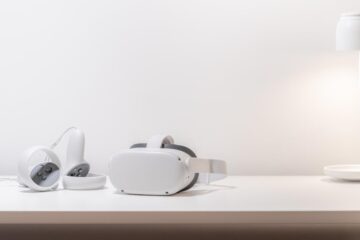 ar vr headset goggles white lamp on desk