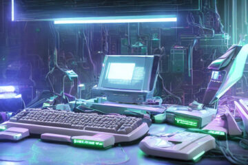 Commodore 64 computer in the 22nd century in cyberpunk style