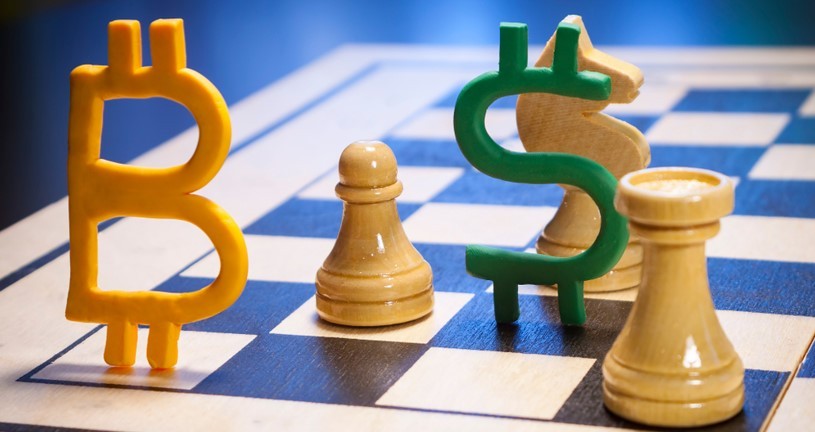 chessboard Bitcoin and dollar symbols currency