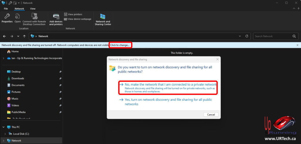 Do you want to turn on network discovery and file sharing for all public networks Windows dialog