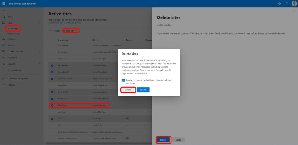 how to delete a sharepoint site in Office 365