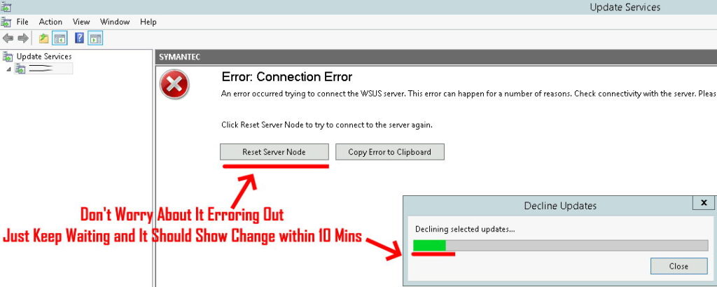 WSUS declining selected updates reset server node