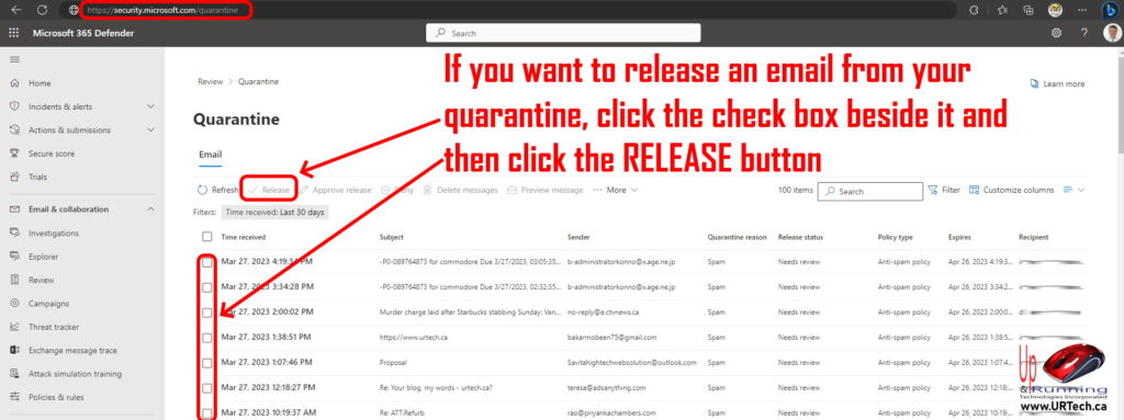 how to release email from microsoft365 quarantine