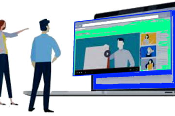 onboarding software man women characters looking at laptop screen video