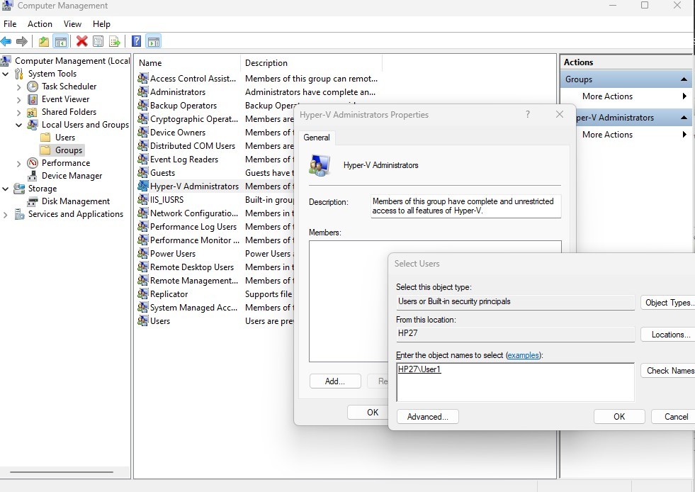 How to add a local user to the hyper V administrators group