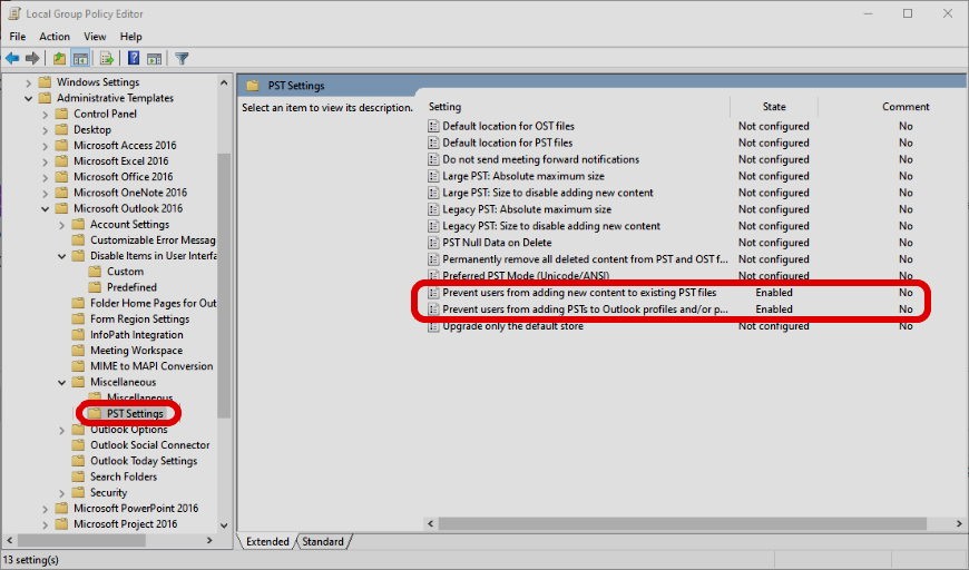 Disable exporting to PST and Adding PSTs to Outlook