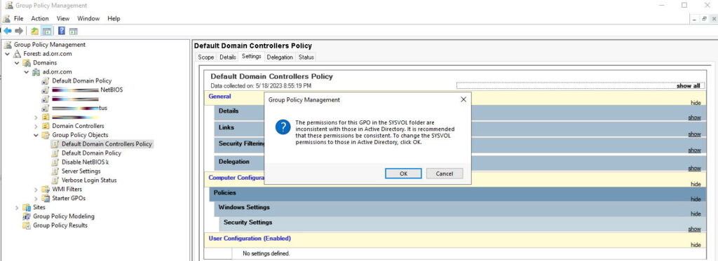 Permissions For This GPO in the SYSVOL Folder are Inconsistent With Those in Active Directory in GPMC