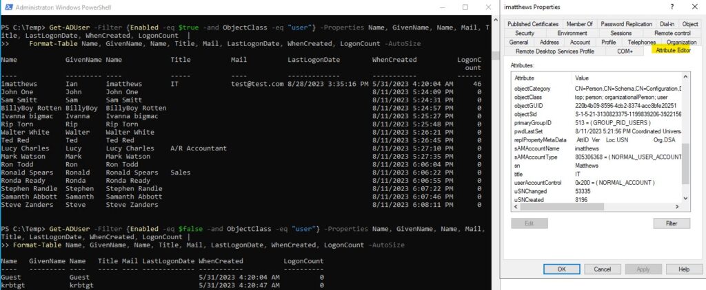 powershell to list all enabled or disabled users in active directory