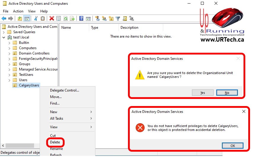 you do not have sufficient privileges to delete or this object is protected from accidental deletion - active directory