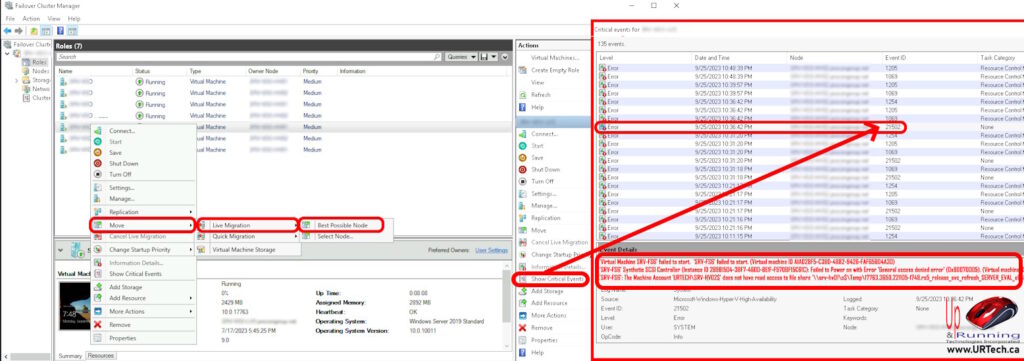 HyperV Clustered VM Will Not Migrate To Different Node - Error Event ID 1205 21502 1069 1254 -does not have read access