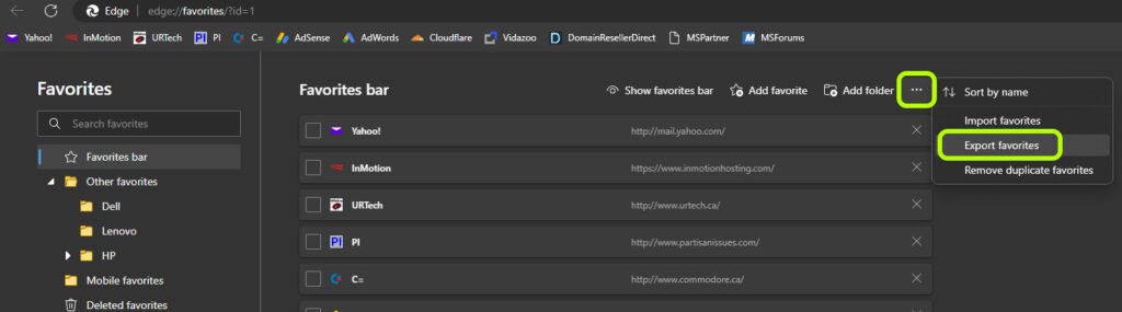 how to export your favorites in Microsoft Edge Browser
