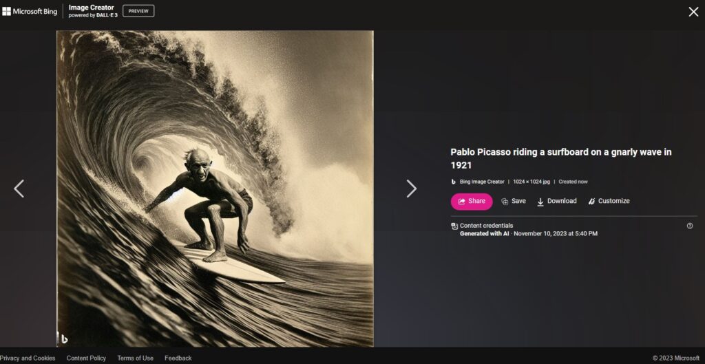 Use Windows 11 Copilot To Create Images of picaso on a surfboard in 1921