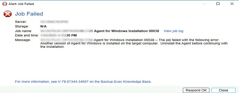 backup exec job failed another version of the agent for windows is installed on the target computer uninstall the agent