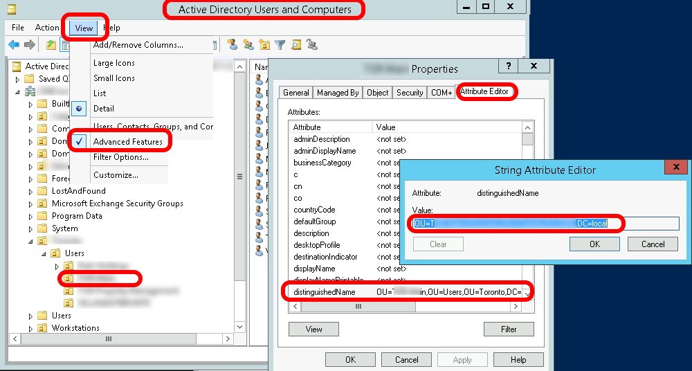 Launch Active Directory Users and Computers (ADUC)

Click VIEW (menu at top)

Click ADVANCED FEATURES

In ADUC, find the OU you are interested in

Right click on the OU and select PROPERTIES

Click the ATTRIBUTE EDITOR tab

Look for the DISTINGUISHEDNAME attribute 

Note that you can double click on that field and copy the entry