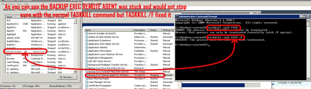 how to use taskkill to force kill a program service backup exec agent