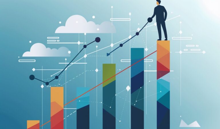 man on top of colorful bar line chart