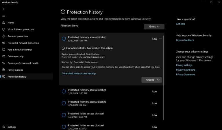 dismhost access alert protection history