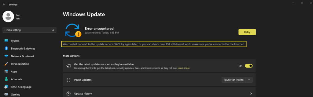 windows update - we couldn't connect to the update service